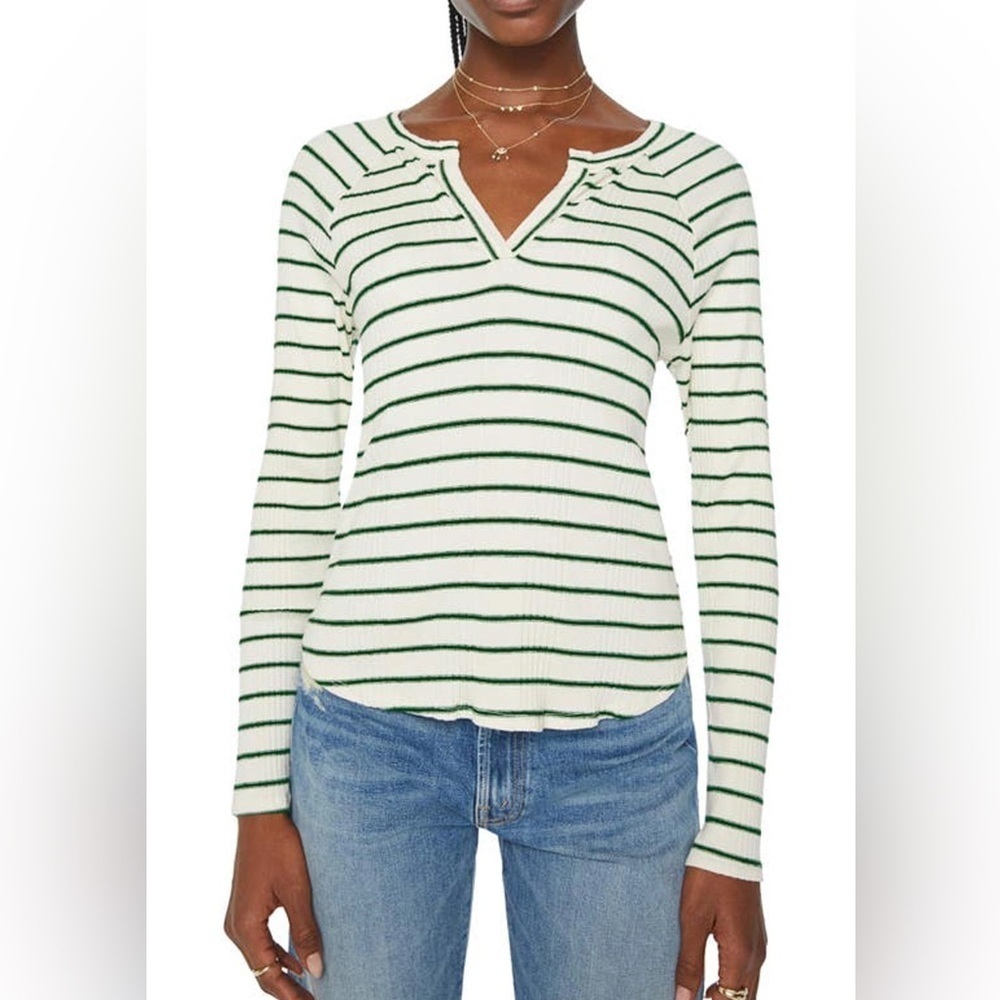 MOTHER Split Varsity Long-sleeve Shirt in Cream/Green Medium